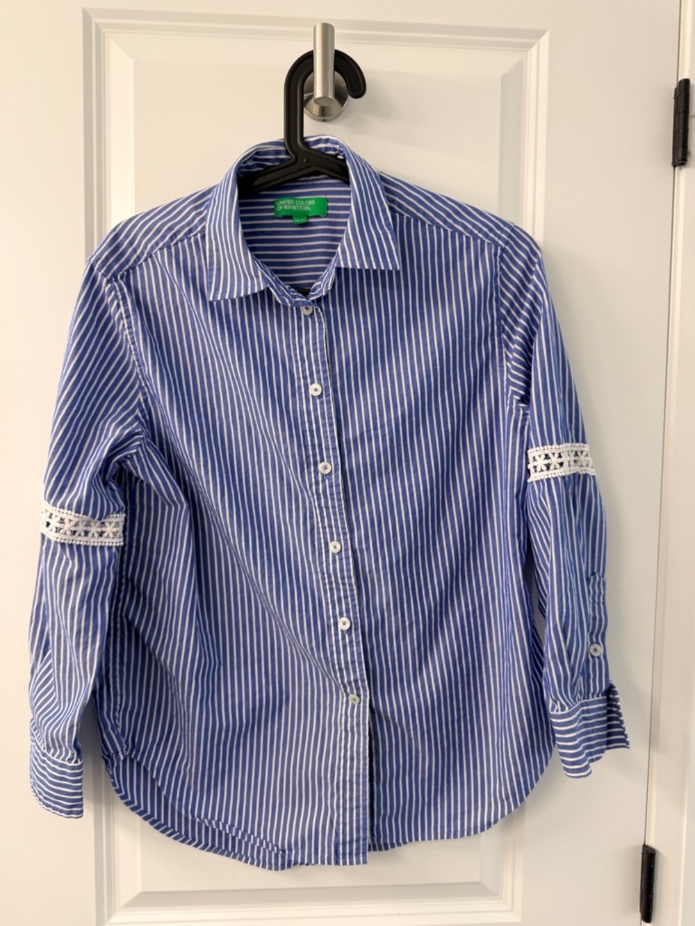 United Colors Of Benetton Blue & White Striped Button-Down Shirt with Lace Trim